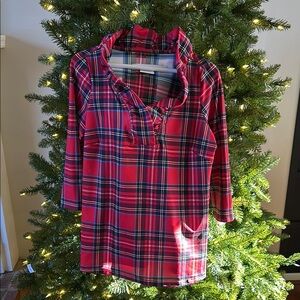Gretchen Scott Designs Red Ruffle Neck Plaid Top